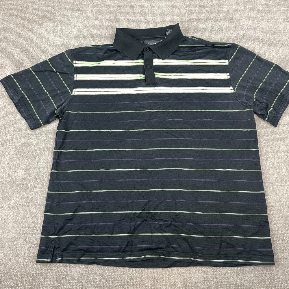 Cotton Reel Polo Shirt Mens Large Black Green Striped Double Mercerized Golf